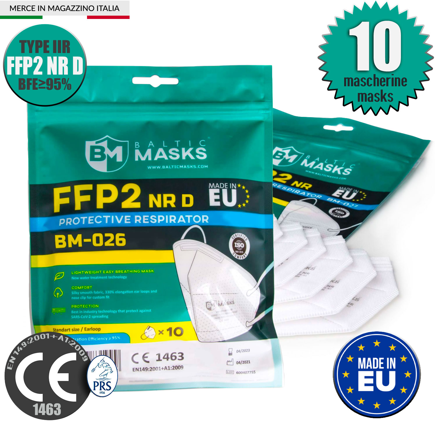 Baltic Masks BM026 White FFP2 NR D Mask CE1463 Type IIR 10Pcs 