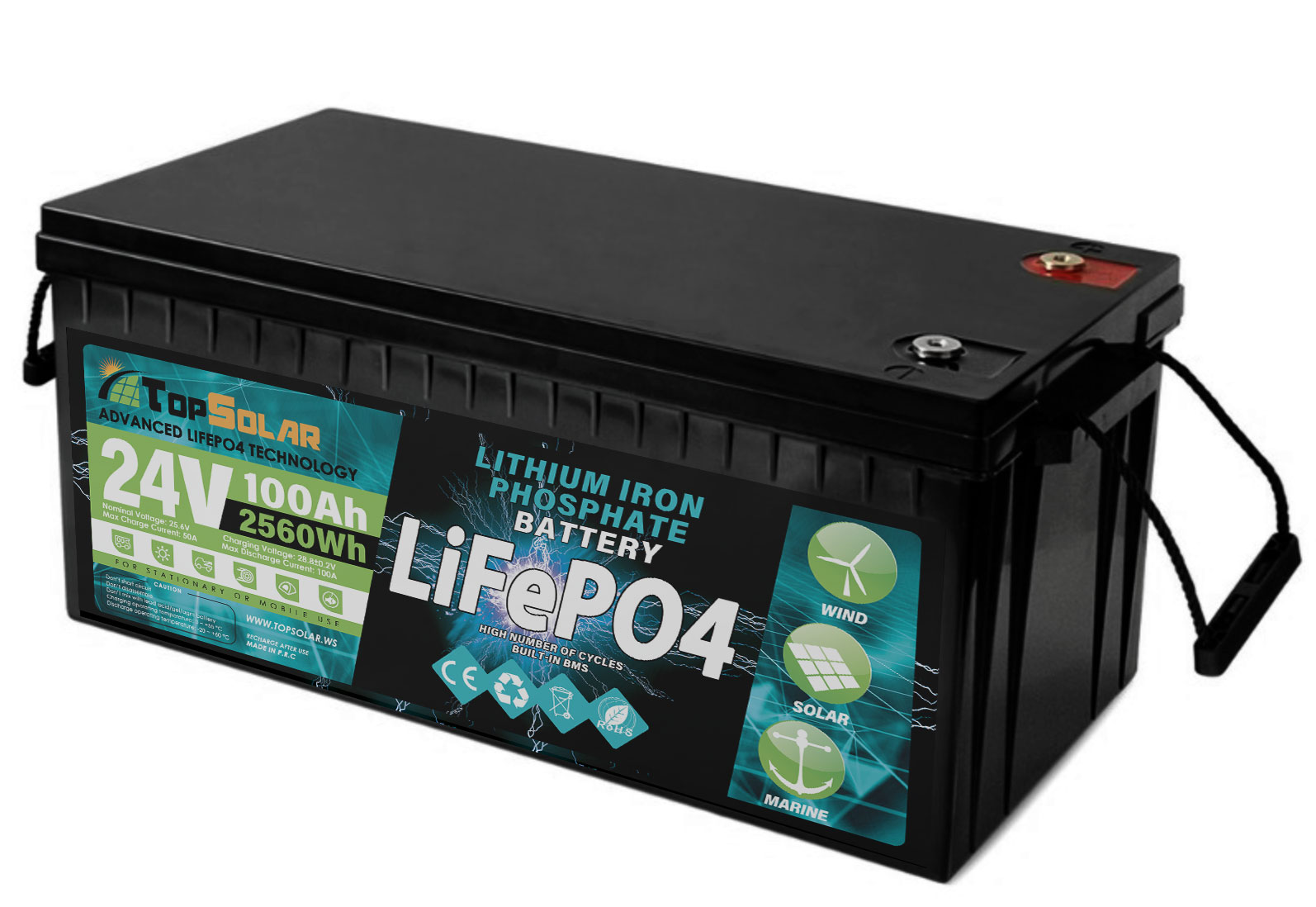 TopSolar LiFePO4 25.6V 100Ah Lithium Battery Built-in Smart BMS