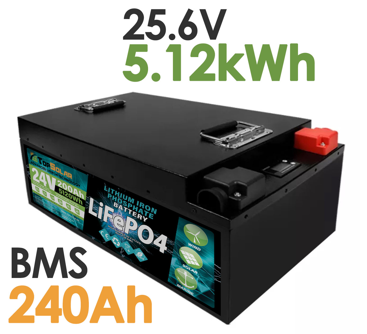 TopSolar Lithium Battery 5,12kWh LiFePO4 24V 200Ah 25,6V Integrated BMS  240AH Smart #N51120050965
