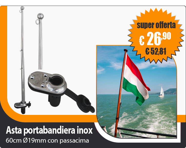 Asta portabandiera inox con 3 occhielli passacima 60cm Ø19mm con base