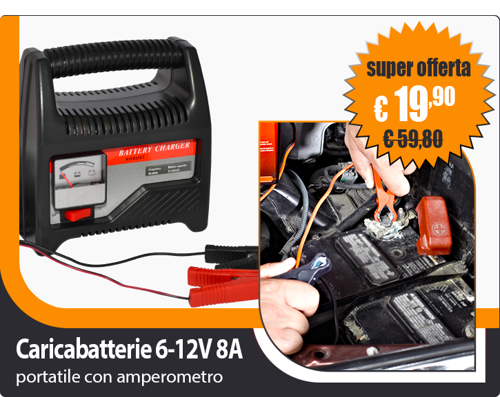 Caricabatterie Portatile 6-12V 8A con Amperometro per Batterie ad Acido